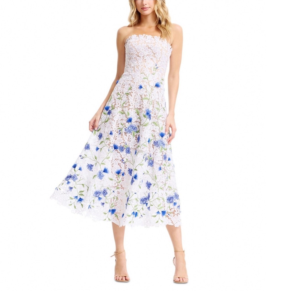 Dress the Population Kailyn Lace Dress White Multi Blue Floral Midi Strapless S